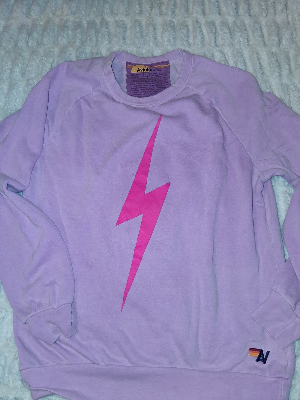 Aviator Nation Kids Lilac Crewneck with Hot Pink Lightning Graphic